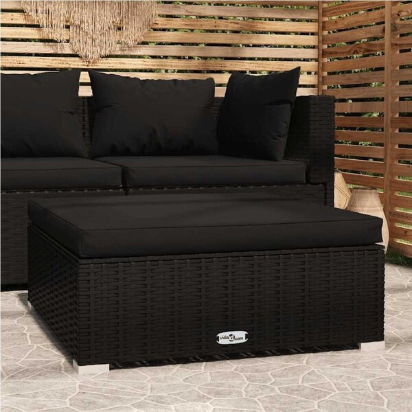 Garden Footrest with Cushion Black 70x70x30 cm Poly Rattan vidaXL