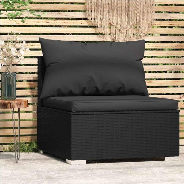Garden Middle Sofa with Cushions Black Poly Rattan vidaXL