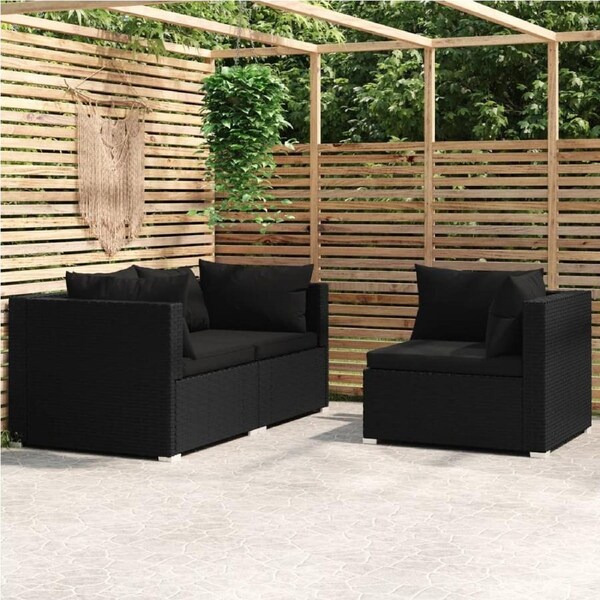 3 Piece Garden Lounge Set with Cushions Black Poly Rattan vidaXL