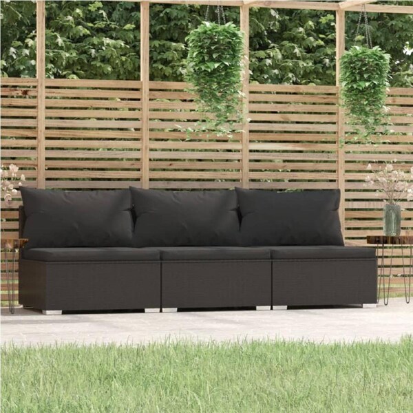 3-Seater Sofa with Cushions Black Poly Rattan vidaXL