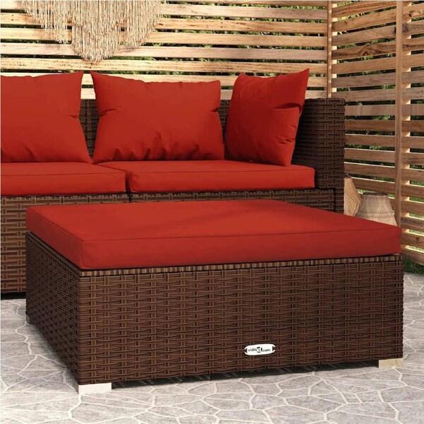 Garden Footrest with Cushion Brown 70x70x30 cm Poly Rattan vidaXL