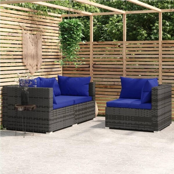 3 Piece Garden Lounge Set with Cushions Grey Poly Rattan vidaXL