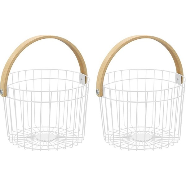 2x Boxsweden Round Wire 27x25cm Basket Home Storage Bin w/ Bamboo Handle White