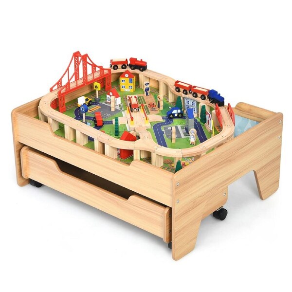 Giantex Wood Kids Train Track Railway Set Table Activity Playset Storage Drawer DIY Xmas Gift w/Accessories Kit