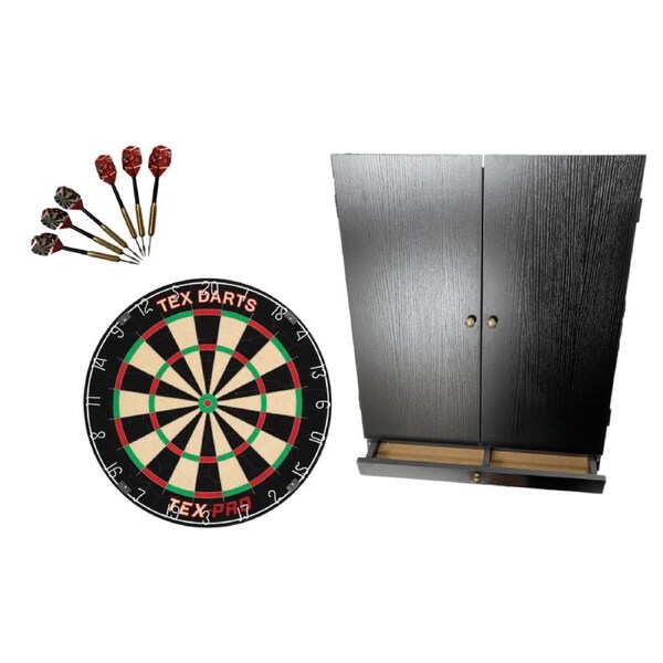 TEX PRO Dart Board and Tex Darts Black Dart Board Cabinet with Storage Drawer