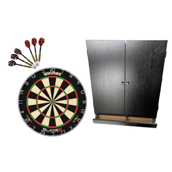 Winmau Blade 6 Six Dart Board and Tex Darts Black Cabinet with Storage Drawer