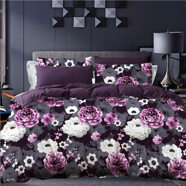 Garden Floral Quilt Cover Set Grey Purple Plum ( Queen / King / Double / King Single / Single size) 2pcs Single Quilt Cover Set