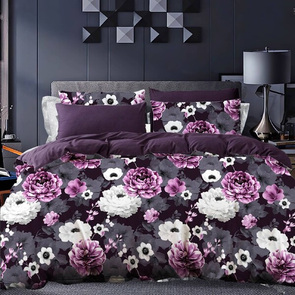 Garden Floral Quilt Cover Set Grey Purple Plum ( Queen / King / Double / King Single / Single size) 3pcs Double Quilt Cover Set