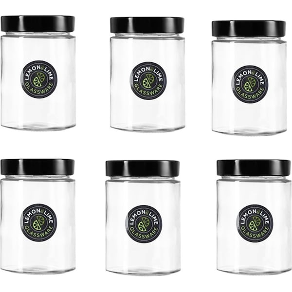 6 x Glass Preserve Jar Screw Top Lid Kitchen Pantry Container Black Lid 570ML