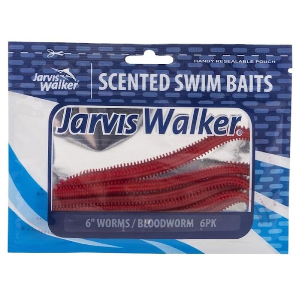6 Pack of Jarvis Walker 6 Inch Scented Worm Soft Body Lures - Bloodworm