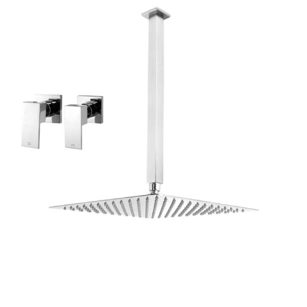 Chrome Bath Square 12'' Ultrathin Stainless Steel Rainfall Shower Head 400mm Ceiling Extension Arm Dropper Twin Taps WELS WATERMARK