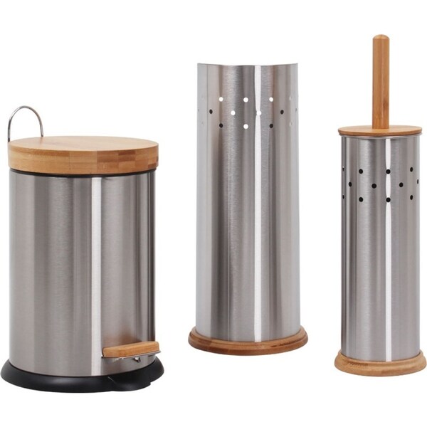 Eco Basics 3-in-1 Bathroom Toilet/Roll Holder/3L Rubbish Bin Set Stainless Steel
