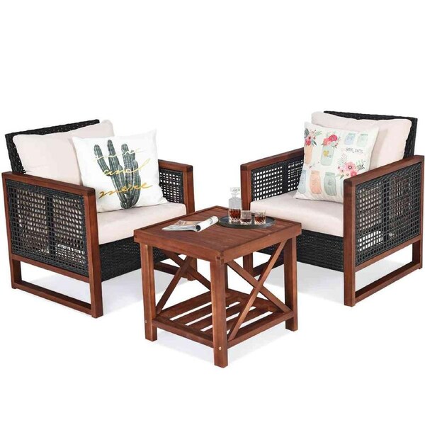 Costway 3PCS Outdoor Patio Wooden Furniture Rattan Sofa Set Wicker Table Chairs w/Cushion Bistro Garden Backyard