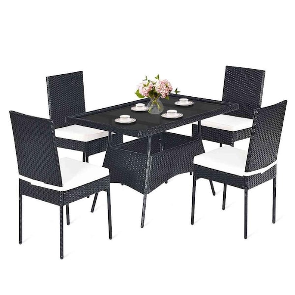 Costway 5PCS Patio Rattan Furniture Set Outdoor Modern Dining Furniture Wicker Table Chairs w/Glass Top Cushion