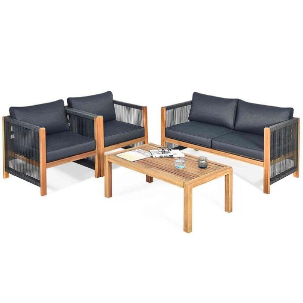 Costway 4PCS Outdoor Patio Furniture Wood Lounge Sofa Set Table Chairs Setting Garden Backyard Grey