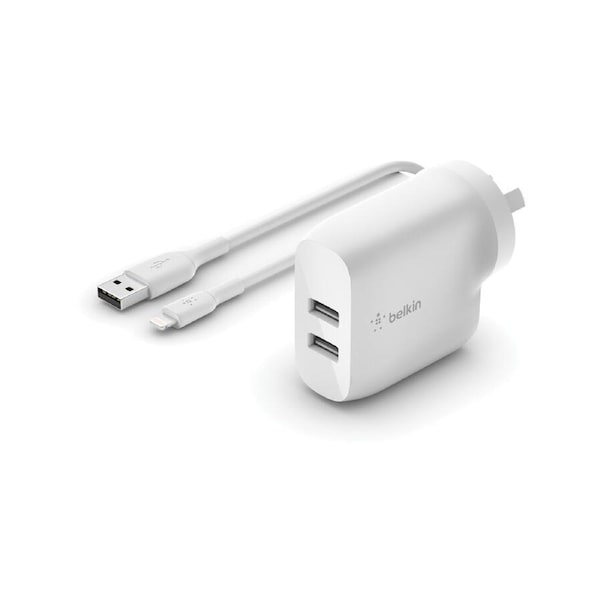 Belkin Boost Charge Dual USB-A Wall Charger 24W + Lightning to USB-A Cable - White
