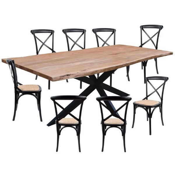 Lantana 9pc 240cm Dining Table 8 Black X-Back Chair Set Live Edge Acacia Wood
