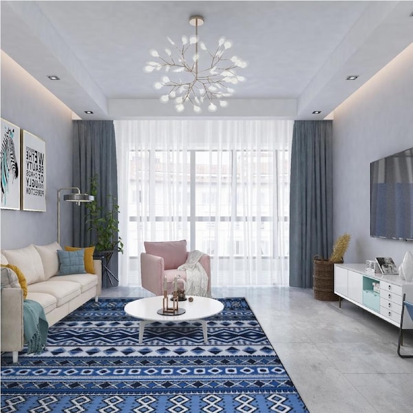 200x300cm Large Floor Blue Ethnic Rug – Modern Area Carpet for Bedroom & Lounge