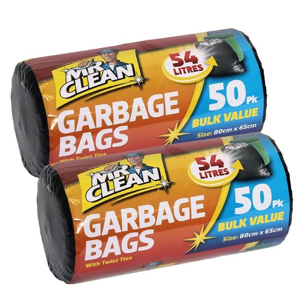 100pc Mr Clean 80x65cm Garden Bags 54L Waste/Clippings Storage w/ Twist Ties BLK