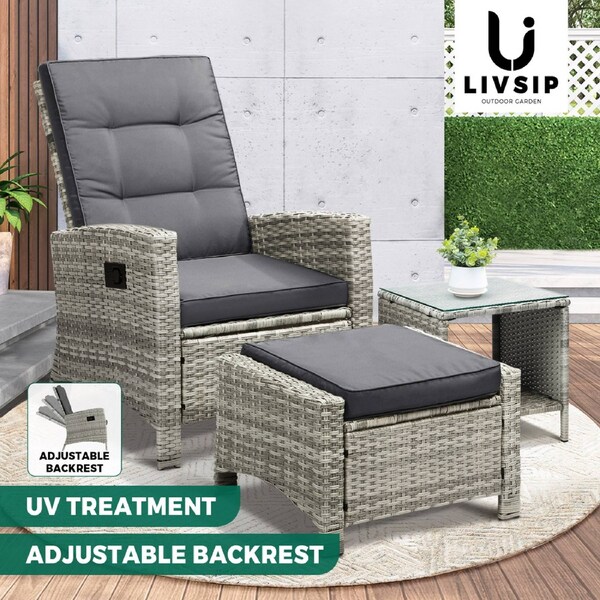 Livsip Recliner Chair Outdoor Sun Lounge Setting Wicker Sofa Patio Furniture 3PC