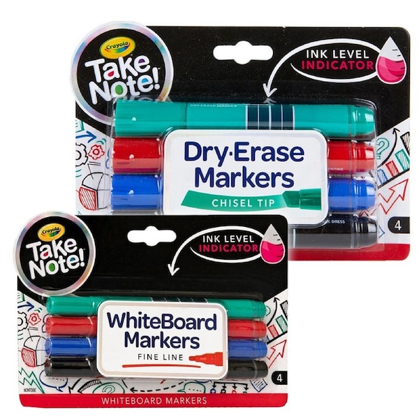 4x Crayola Take Note! Fine Line & 4x Quick-Dry Chisel Tip White Board Markers