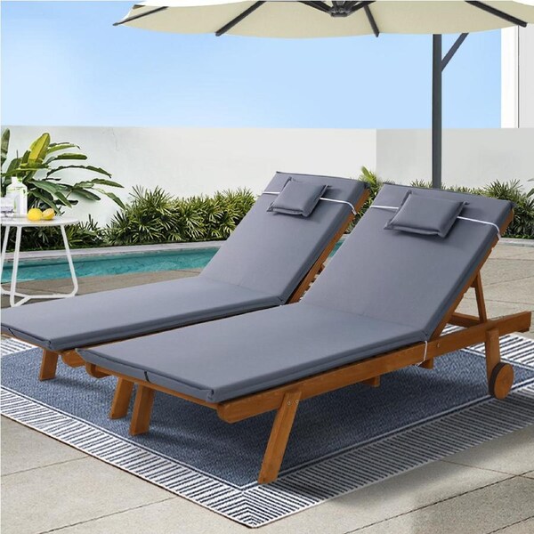 2x Gardeon Sun Lounge Wooden Lounger Outdoor Furniture Day Bed Wheel Patio Grey
