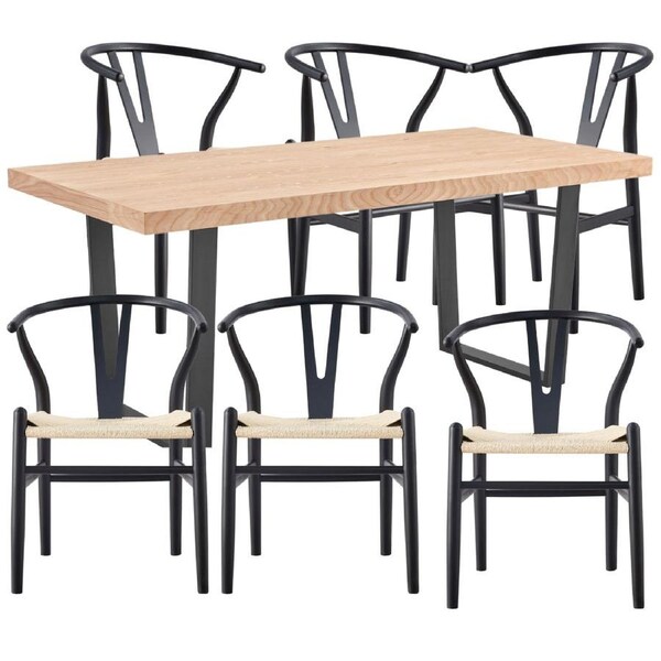 Petunia 7pc 180cm Dining Table Set 6 Wishbone Chair Elm Timber Wood Metal Leg