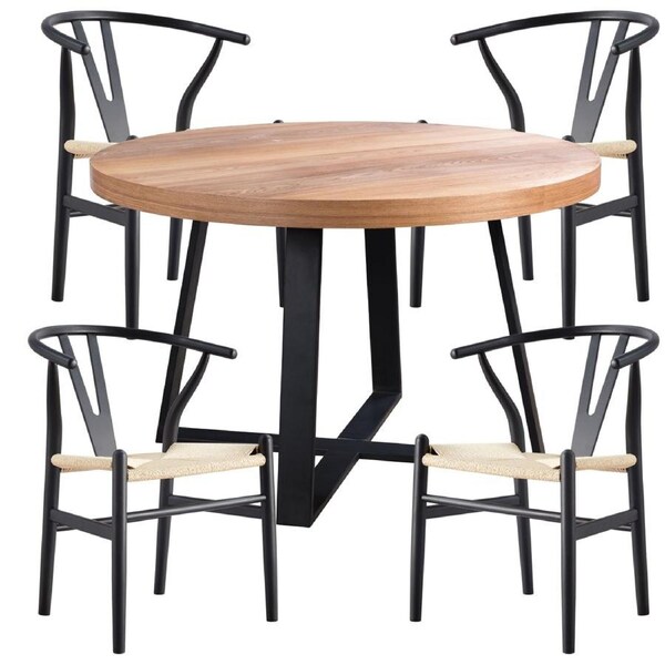 Petunia 5pc 120cm Round Dining Table Set 4 Wishbone Chair Elm Timber Wood