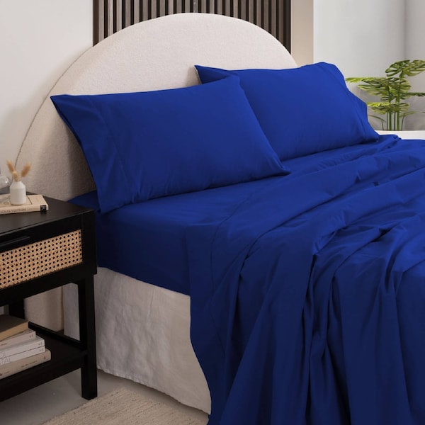 Royal Comfort Vintage Wash 100% Cotton Sheet Set Fitted Flat Sheet Pillowcases Royal Blue / Double
