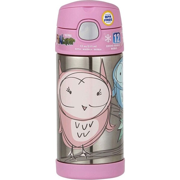 Thermos 355ml Funtainer Vacuum Insulated Drink Bottle Pink Owl Stainless Steel