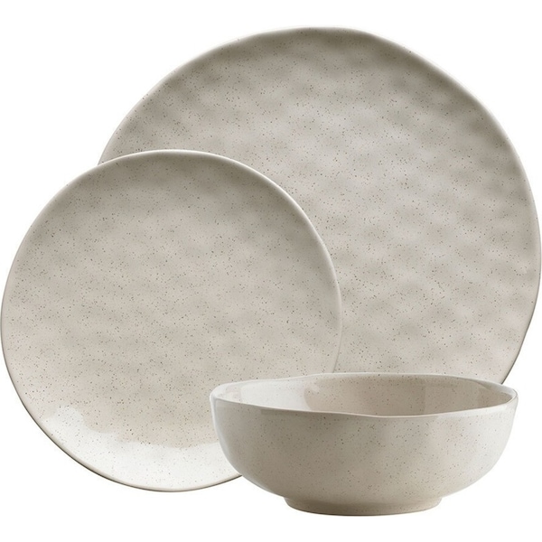 12pc Ecology Speckle Dinner/Side Plate/Noodle Bowl Gloss Tableware Set Oatmeal