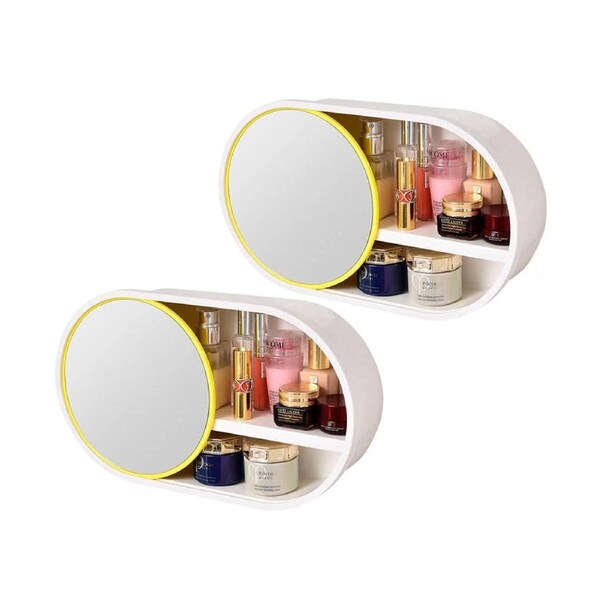 SOGA 2X 39cm Oval Wall-Mounted Mirror Storage Box Vanity Mirror Rack Bathroom Adhesive Shelf Home Organiser Deco