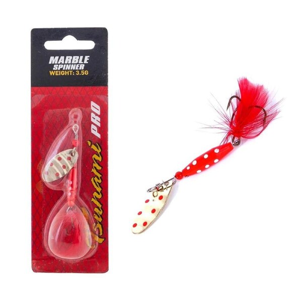3.5gm Red & White Dot- Gold/Red Tsunami Marble Spinner Lure with Red Feather