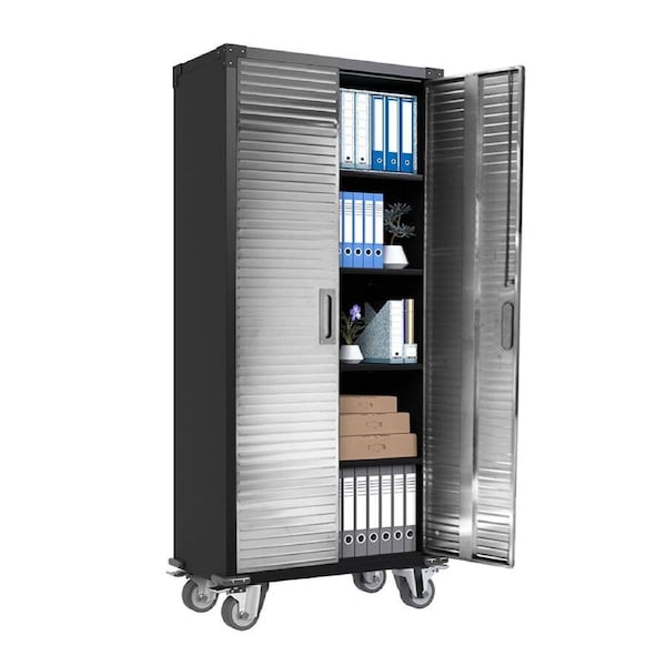 Mobile Stainless Steel Door Storage Cabinet Garage Cupboard on Lockable Wheels