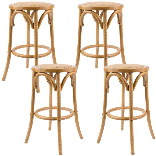 Aster 4pc Round Bar Stools Dining Stool Chair Solid Birch Wood Rattan Seat Oak