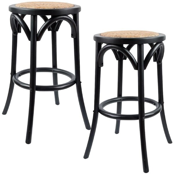 Aster 2pc Round Bar Stools Dining Stool Chair Solid Birch Wood Rattan Seat Black