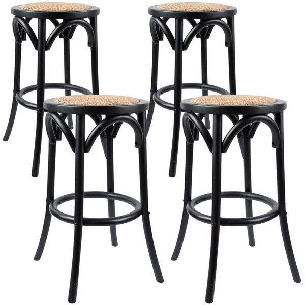 Aster 4pc Round Bar Stools Dining Stool Chair Solid Birch Wood Rattan Seat Black