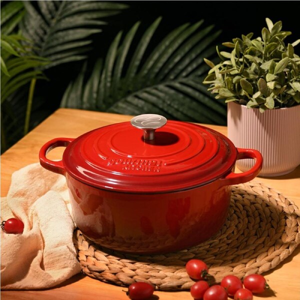 Gourmet Kitchen Cast Iron Casserole 24cm Black Cherry Red