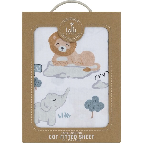 Lolli Living Cot 100% Cotton Elastic Fitted Sheet Day at the Zoo 75x135cm