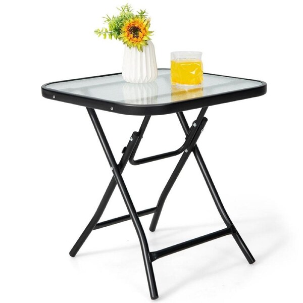 Costway Patio Square Glass Side Table Bistro Folding Coffee Table Patio End Table w/Tempered Glass Tabletop