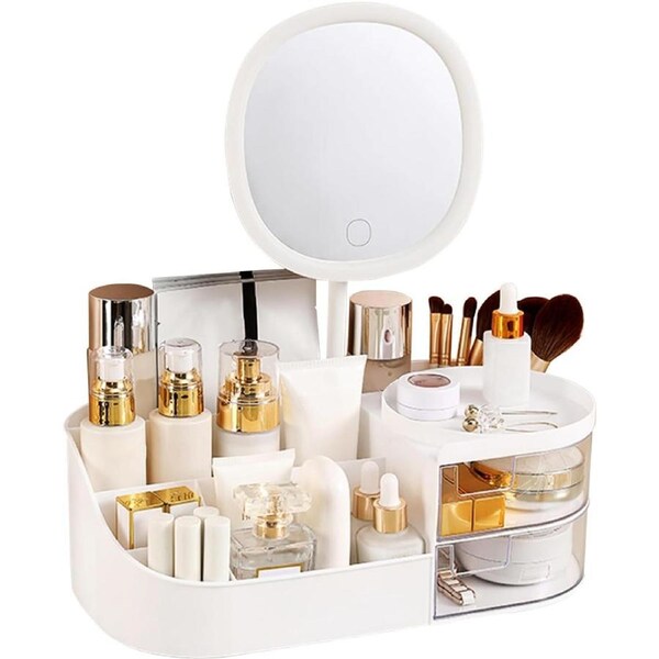 Makeup Organizer with Rechargeable Mirror,Makeup Brush Holder with 2 Drawers for Vanity,Bedroom,Bathroom