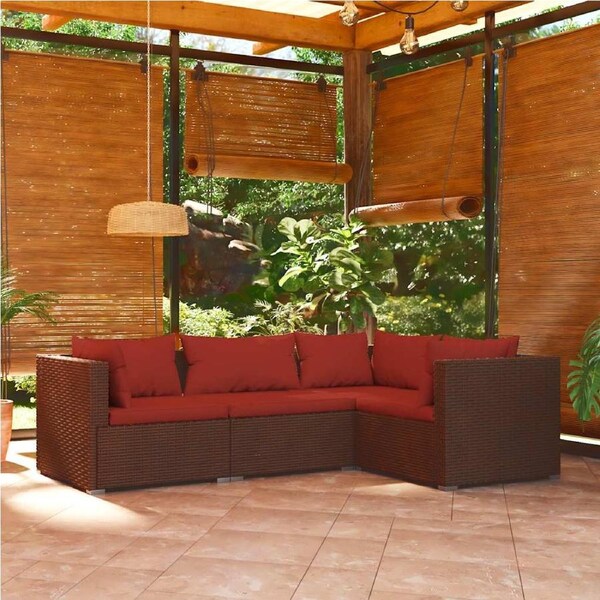 4 Piece Garden Lounge Set with Cushions Poly Rattan Brown vidaXL