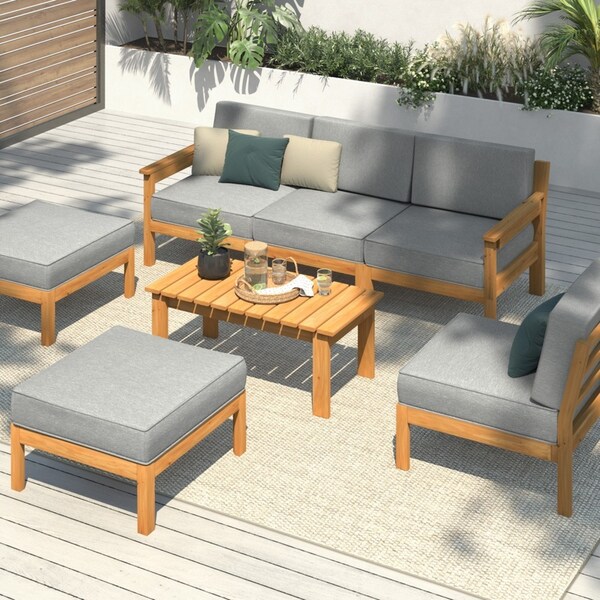 Livsip Outdoor Furniture Sofa Set 7-Piece Wooden Table Chairs Couch Lounge Setting Furniture