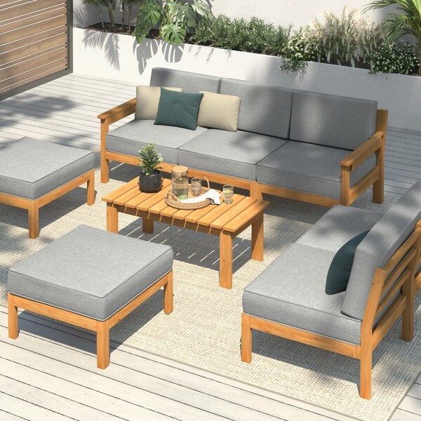 Livsip 8Piece Outdoor Furniture Set Lounge Setting Wooden Table Chair Patio Furniture