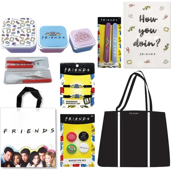 Friends Showbag 22 Badges/Bracelet Cutlery/Handbag/Nail Files/Notebook/Snack Box
