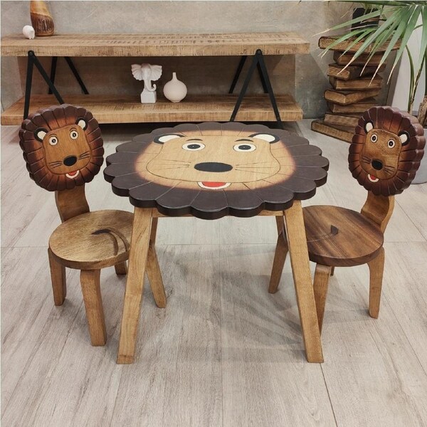 [Mango Trees] Kids Wooden Table + 2 Chairs Set Lion Design Timber Furniture