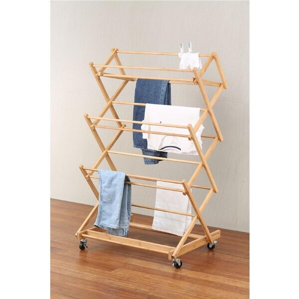 Bamboo Concertina Mobile Clothes Horse Airer Foldable Rack Air Dryer