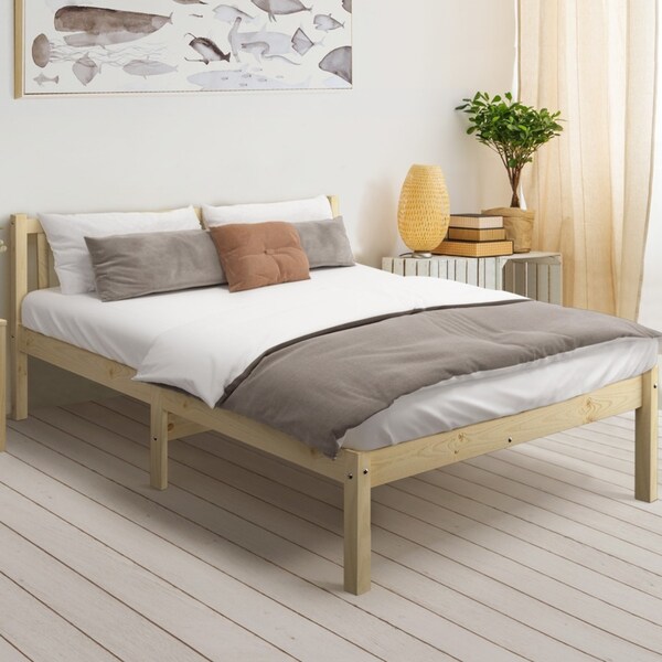 Oikiture Bed Frame Double Size Wooden Timber Bed Frame Wooden Platform Headboard