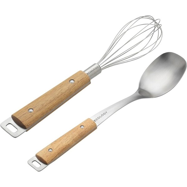 2pc Ecology Provisions Acacia/Stainless Steel Whisk & Serving Spoon Mixing Set