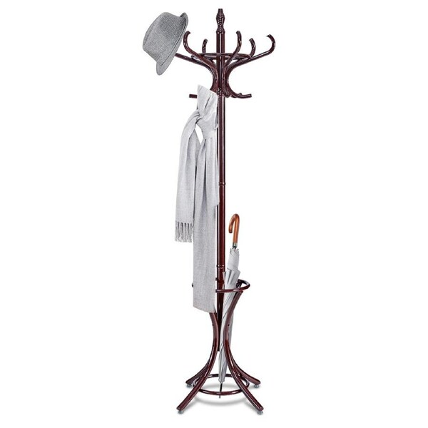 Giantex 12 Hook Wood Coat & Hat Rack Clothes Stand Storage Tree Shelf for Living Room Bedroom Brown